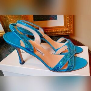 MANOLO BLAHNIK TURQUOISE SEQUIN SLIDE SANDALS HIGH HEEL 9.5